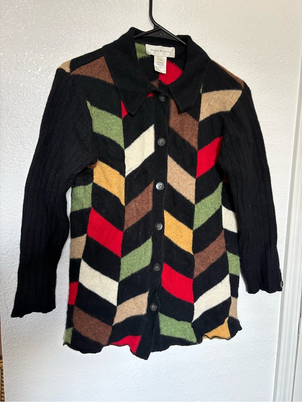 Vintage Susan Bristol Black Multi Chevron Wool Button-Front Jacket